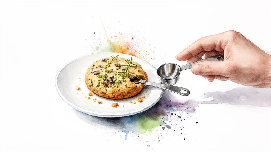 Watercolor of a hand with a measuring spoon scooping a bite from a herb-decorated cookie on a plate.