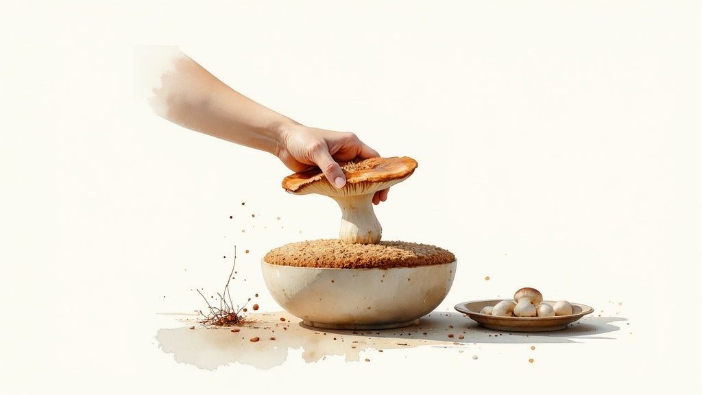 A hand gently places a large mushroom cap and stem into a bowl of brown substrate, illustrating mushroom cultivation.