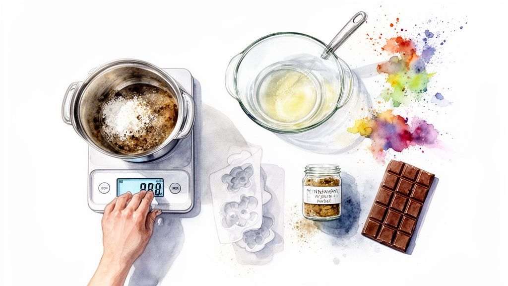 Overhead view of ingredients for making chocolate mushrooms, including scale, molds, and chocolate.