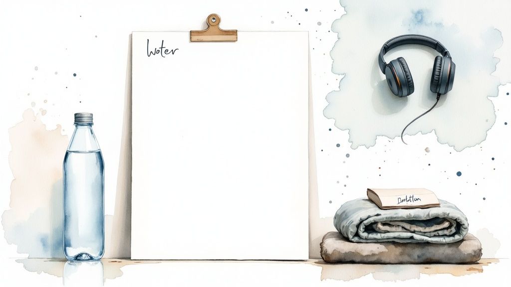 A peaceful watercolor illustration showing a water bottle, clipboard, headphones, and blankets with a book.