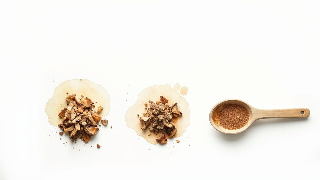Three stages of mushroom preparation: chopped, ground, and powdered in a wooden spoon.
