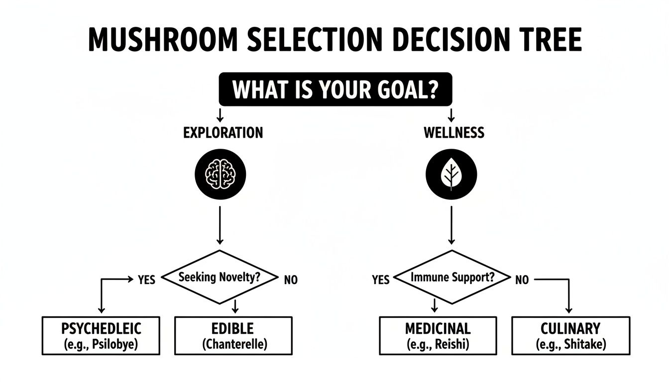 A mushroom selection decision tree illustrating choices for exploration or wellness goals.