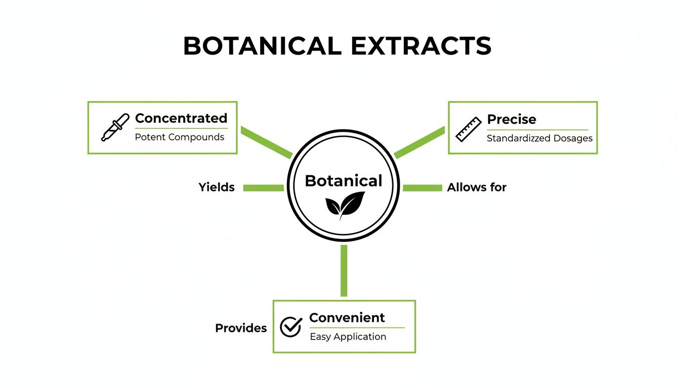 A diagram explaining botanical extract properties: concentrated potent compounds, precise standardized dosages, and convenient application.