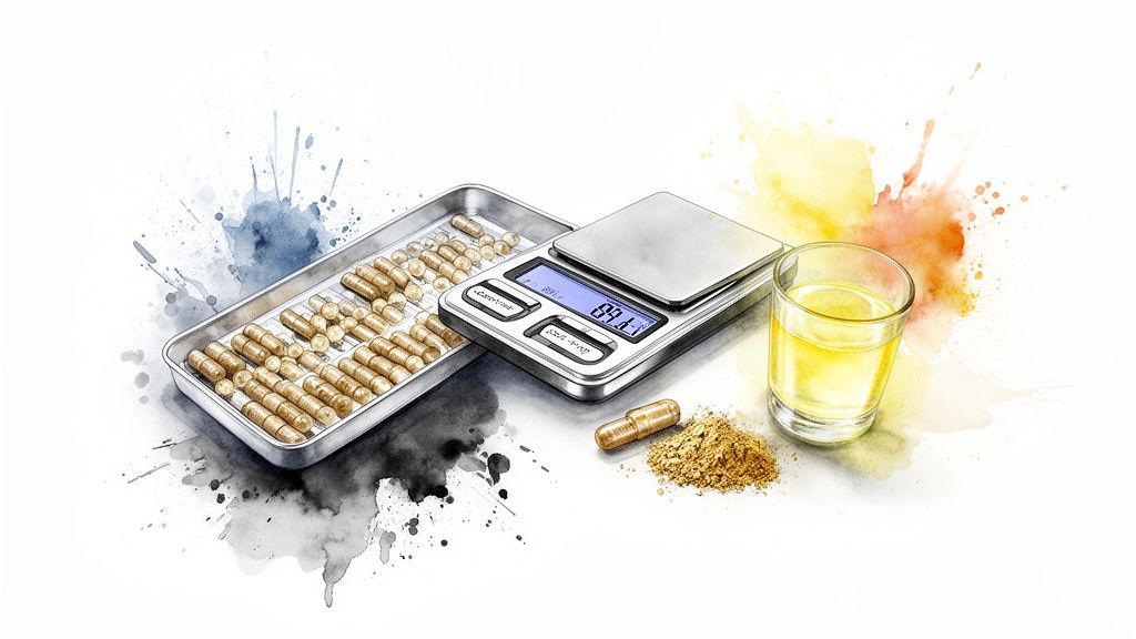 Watercolor illustration showing capsules, a digital scale, brown powder, and yellow liquid, implying preparation.