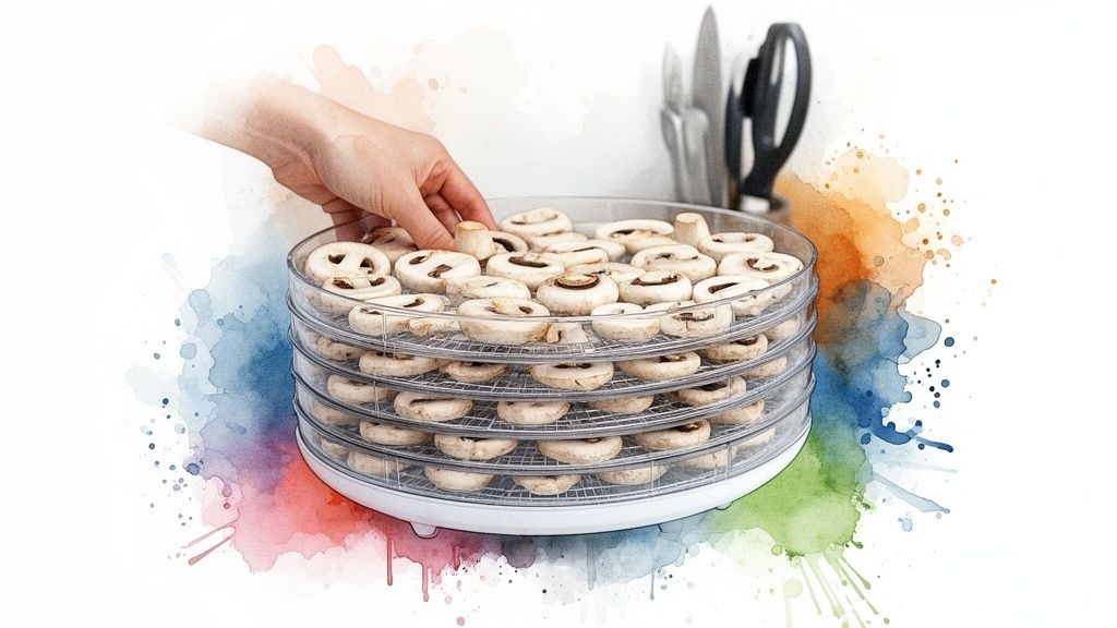 A hand placing sliced white button mushrooms onto a clear multi-tiered food dehydrator for drying.