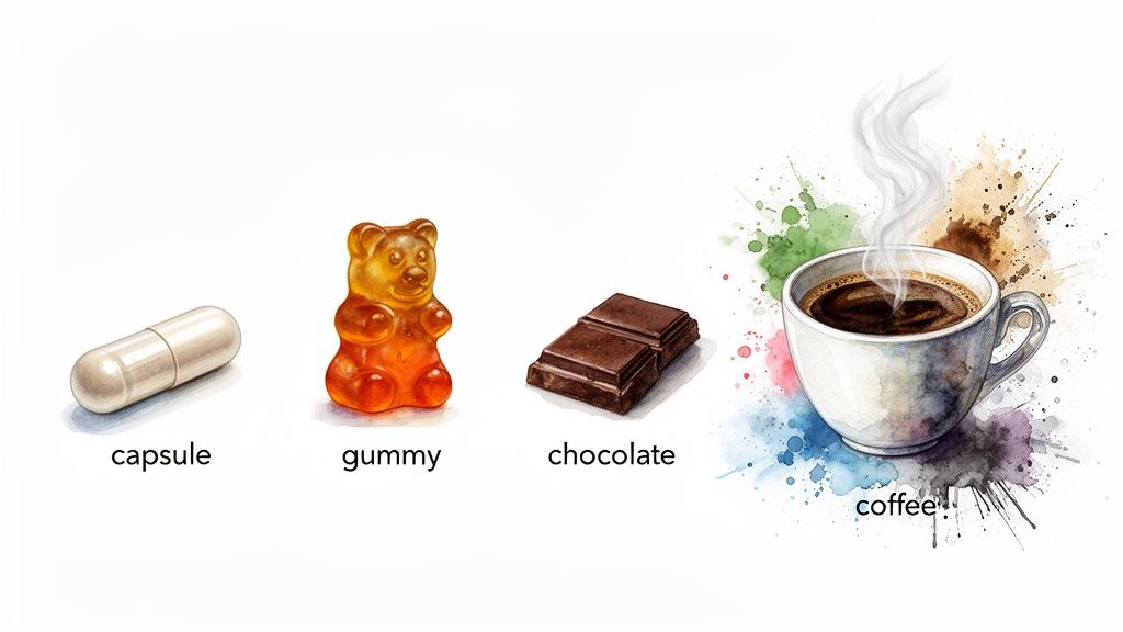 Watercolor illustration depicting various consumption forms: a capsule, gummy bear, chocolate pieces, and coffee cup.