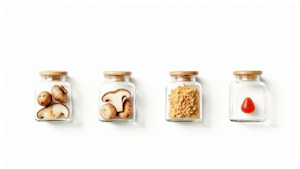 Four small glass jars with wooden lids hold mushrooms, a spice-like powder, and a red strawberry.