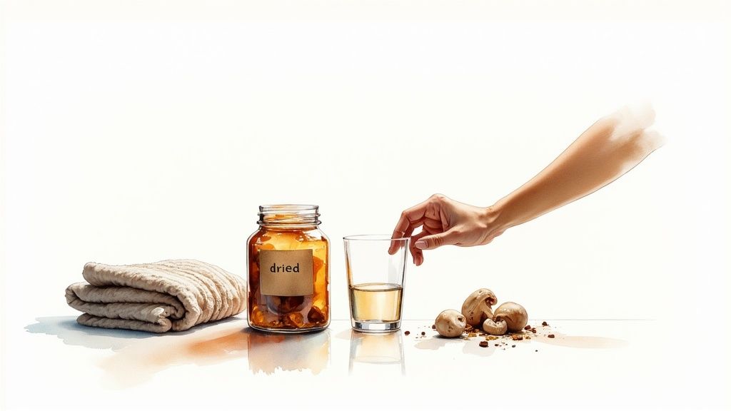Hand reaching for glass of mushroom tea next to amber jar labeled dried and folded towels