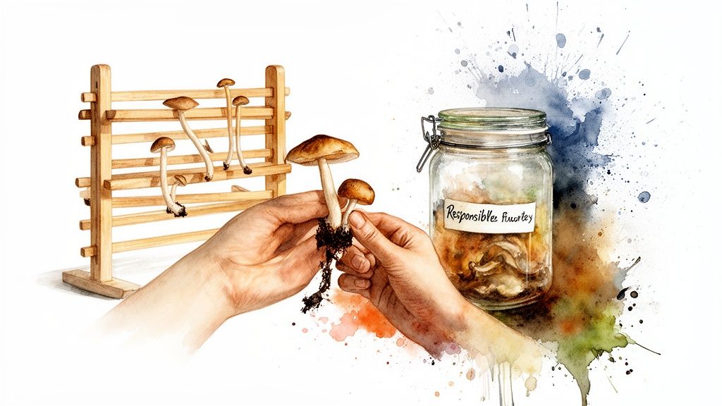 Hands hold freshly picked mushrooms next to a wooden drying rack and a labeled jar of dried ones.