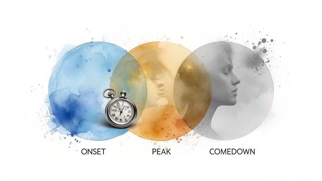 Three watercolor circles depict onset, peak, and comedown stages with a pocket watch and faces.