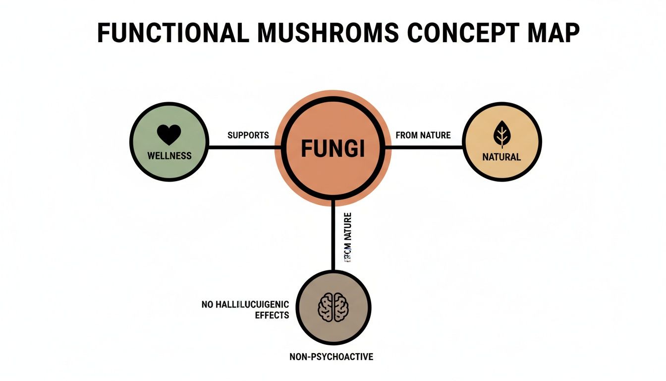 A concept map showing fungi supports wellness, are natural, and non-psychoactive, with no hallucinogenic effects.