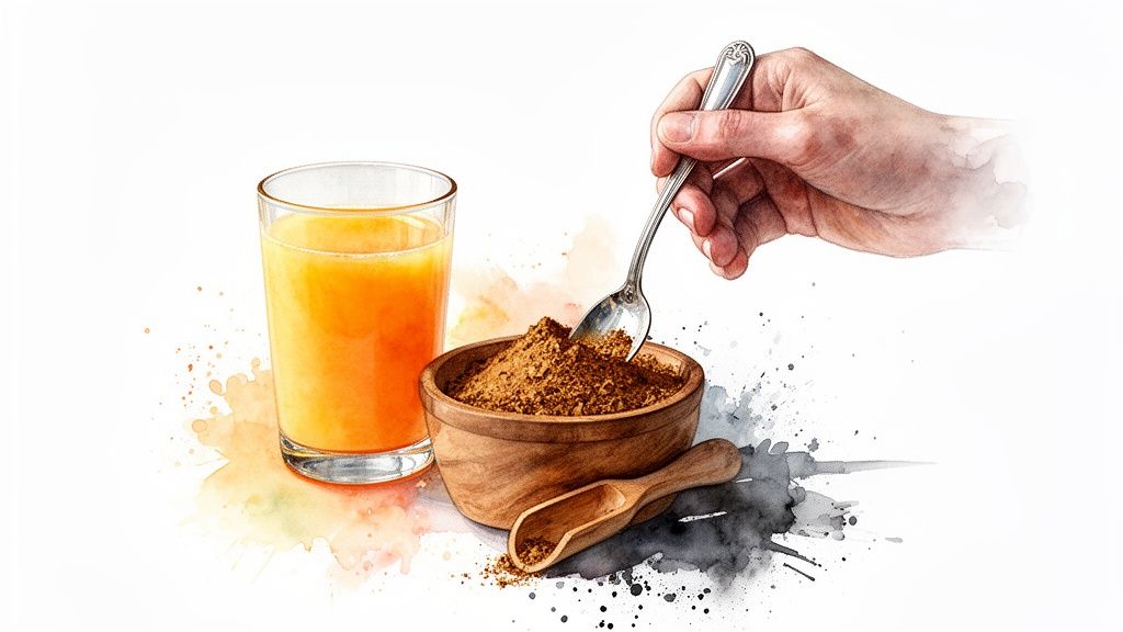 A hand spoons brown powder from a wooden bowl next to a glass of orange juice.