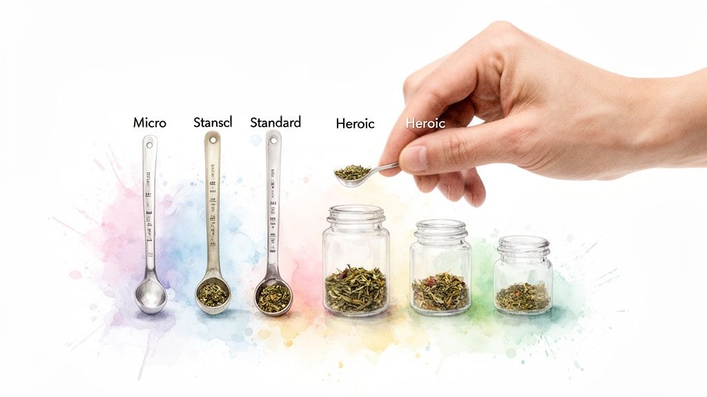 Measuring spoons labeled Micro, Stanscl, Standard, and Heroic, showing different dosages of botanical material.