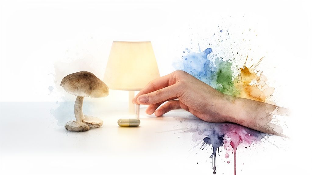 A hand reaches for a medical capsule next to a mushroom and lamp, surrounded by colorful watercolor splatters.