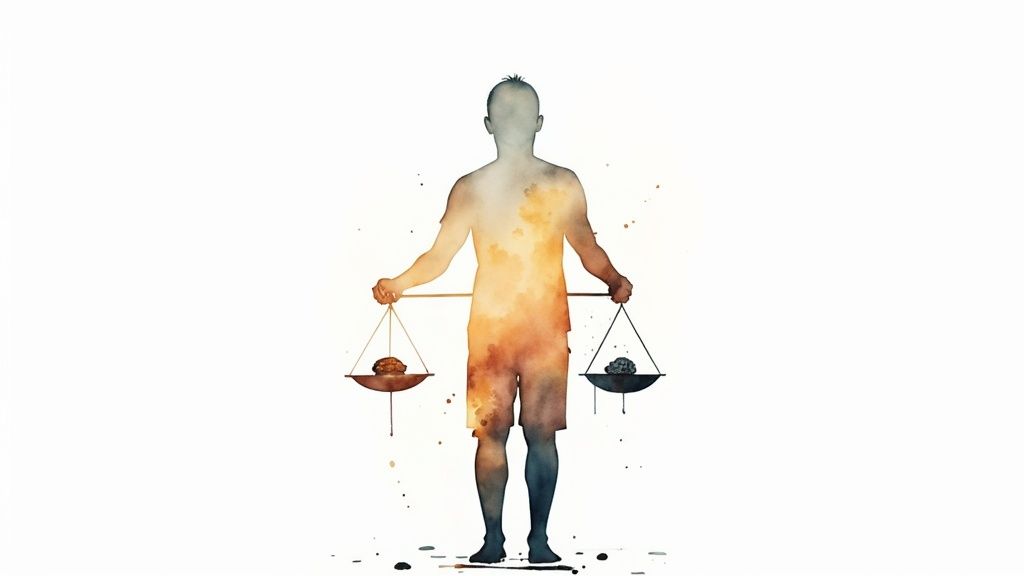 Watercolor illustration of a person balancing a brain and a psychedelic mushroom on scales.