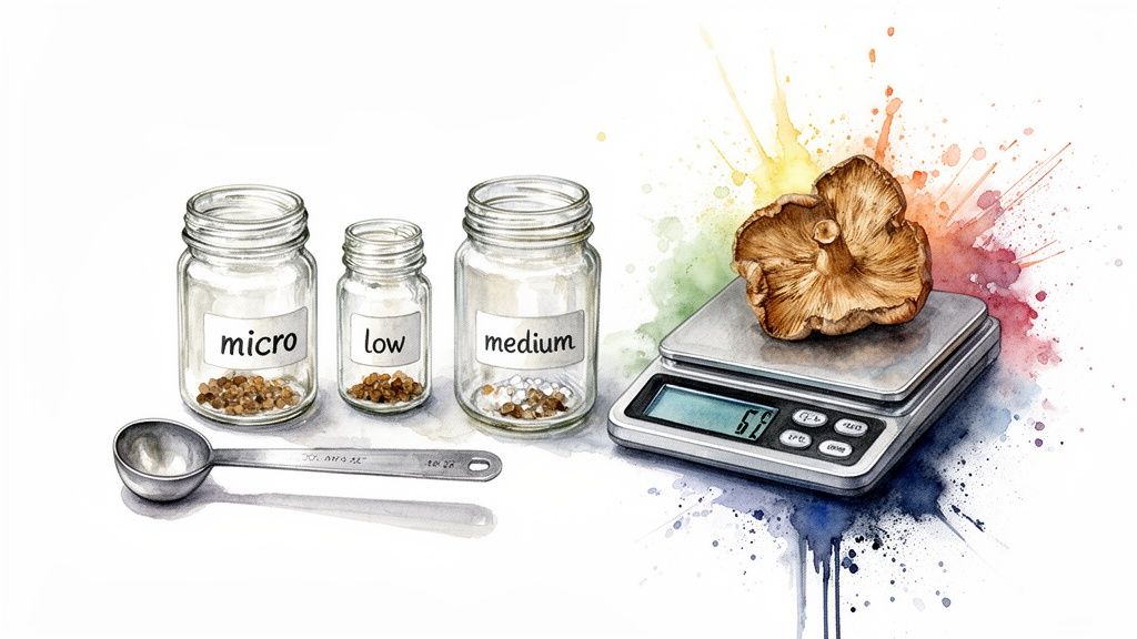 Watercolor illustration of different dosages in jars, a spoon, and a mushroom on a scale showing 6.8 grams.