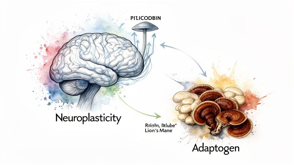 An illustration showing a brain, PILICODBIN mushroom, and adaptogen mushrooms, with arrows indicating effects on neuroplasticity.