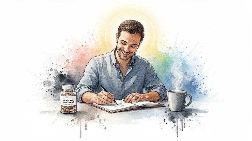 Smiling man writing intently in a notebook, next to mushroom supplements and steaming coffee.