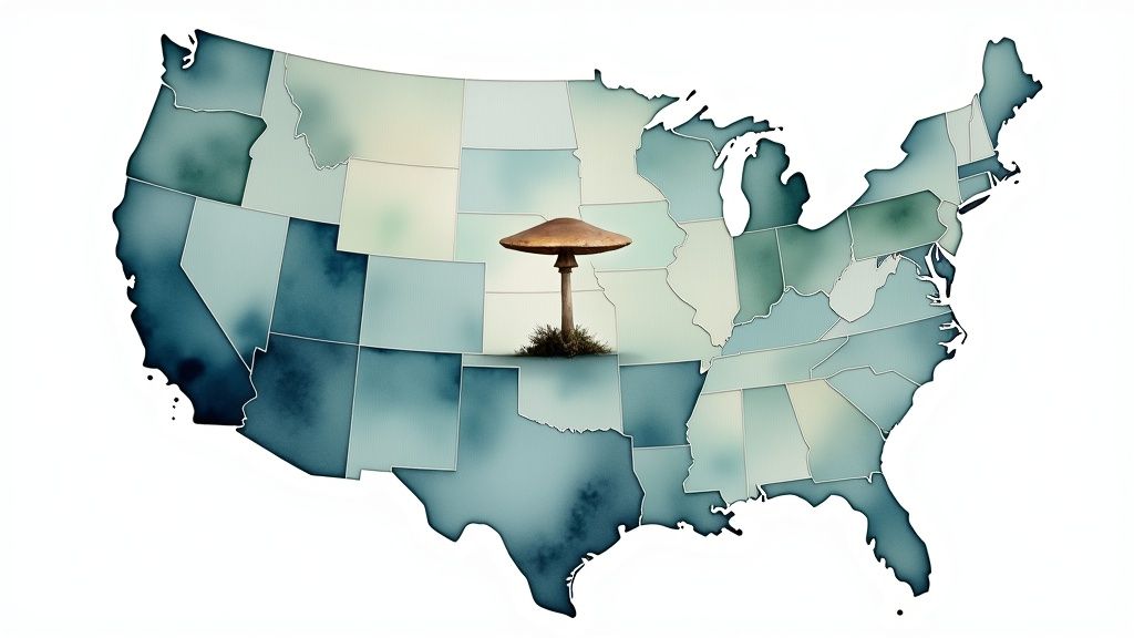 Map of the USA showing a large psilocybin mushroom growing in the central plains.