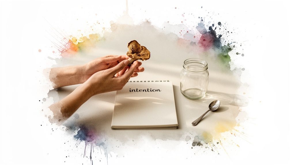 Hands hold a dried mushroom next to a notebook with 'intention' written, a jar, and a spoon.