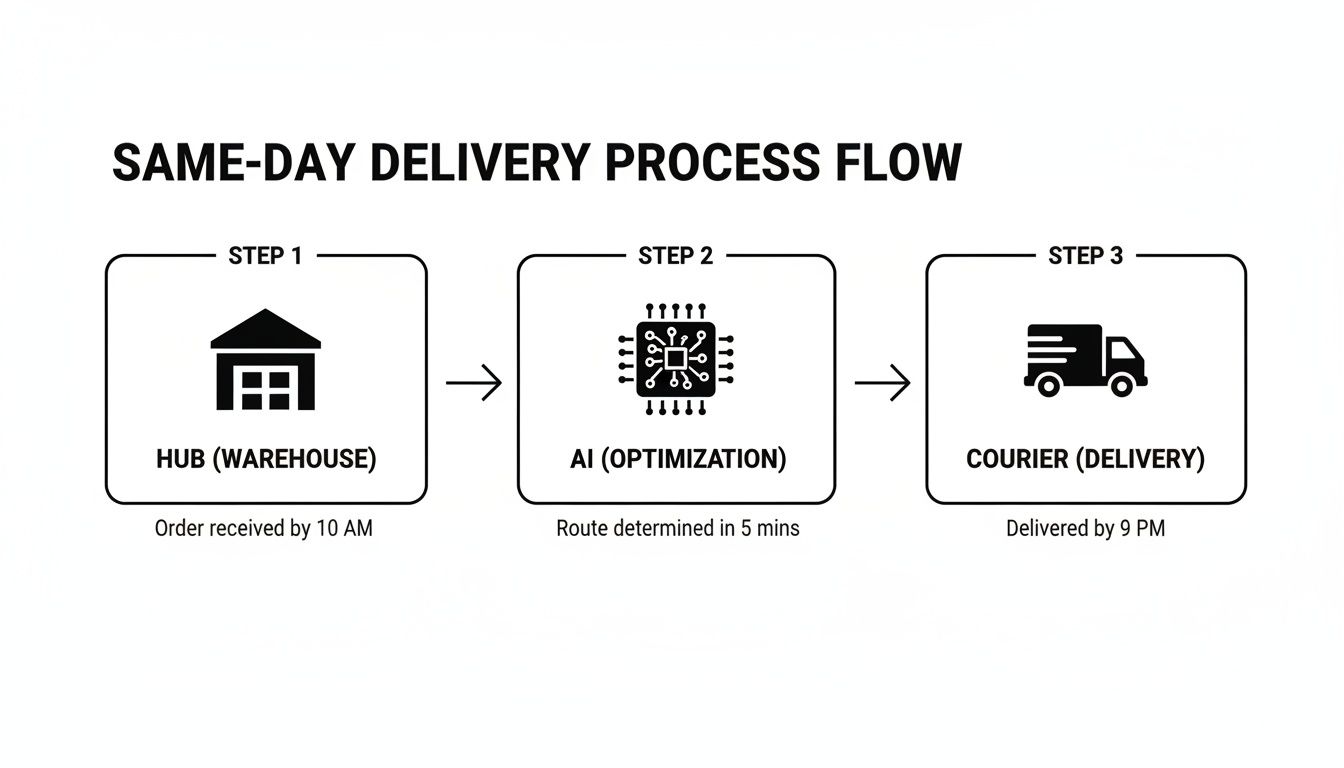 A flow chart illustrating a same-day delivery process from warehouse to AI optimization and courier.