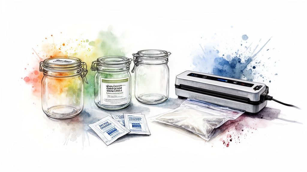 Illustration of food preservation tools: vacuum sealer, bags, jars, and desiccant packets.