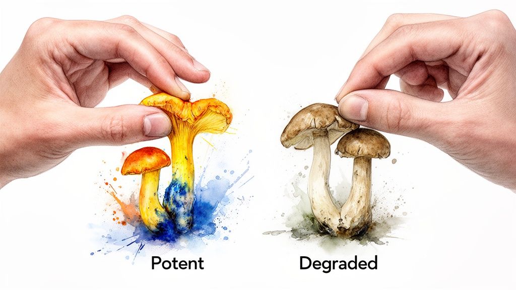 Two hands comparing vibrant, 'potent' psilocybin mushrooms with dull, 'degraded' ones, illustrating quality differences.
