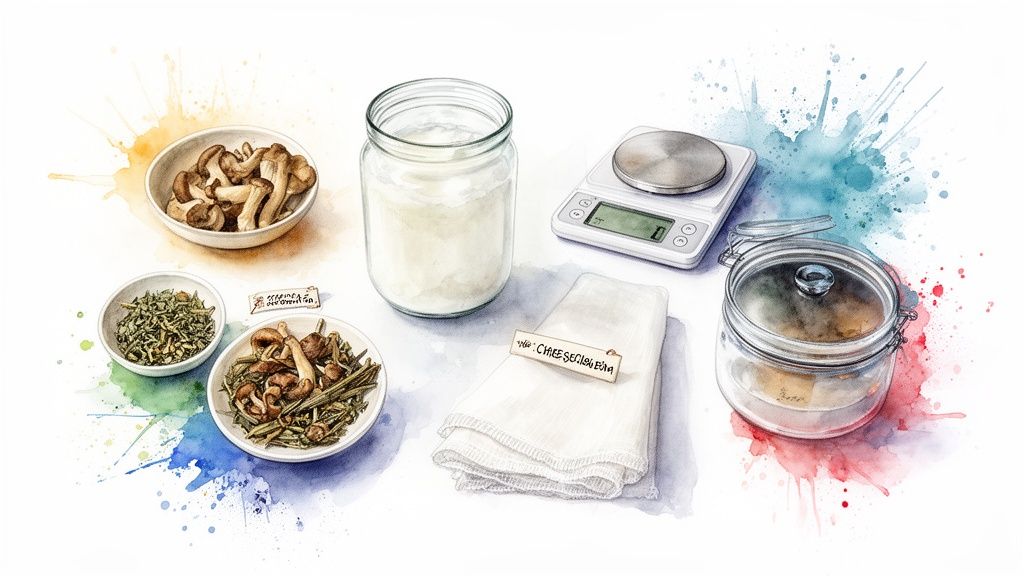 Watercolor illustration showing ingredients and tools for making infusions, including mushrooms, herbs, jars, scale, and cheesecloth.
