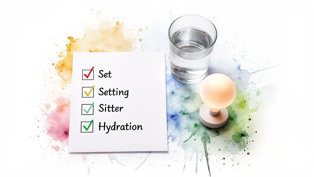 A completed checklist showing 'Set, Setting, Sitter, Hydration' checked, next to a glass of water and a glowing lamp.