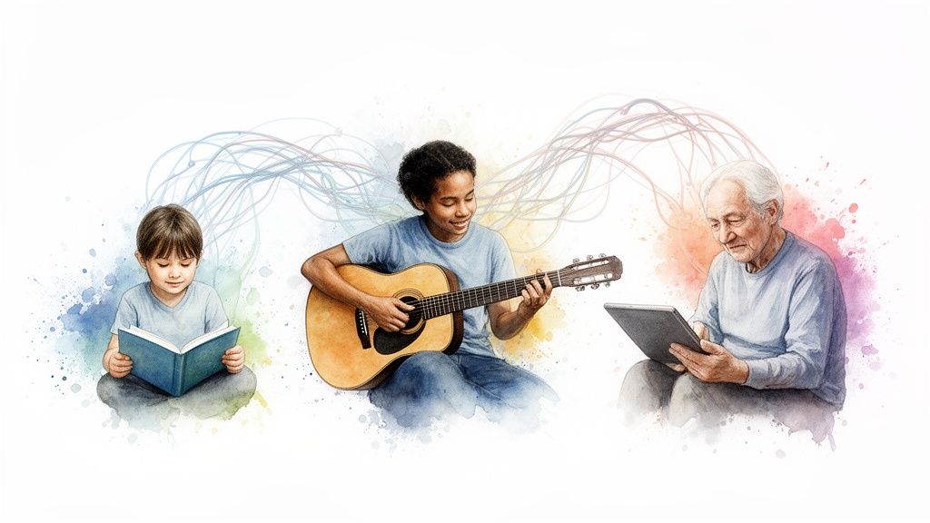 Watercolor illustration of a child reading, a teen playing guitar, and an elder using a tablet, connected by colorful lines representing learning.
