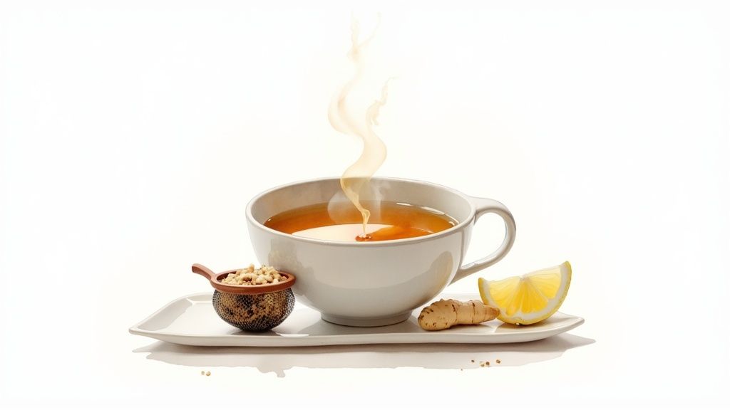 A steaming cup of ginger lemon tea with a ginger root, lemon wedge, and ingredients on a white tray.