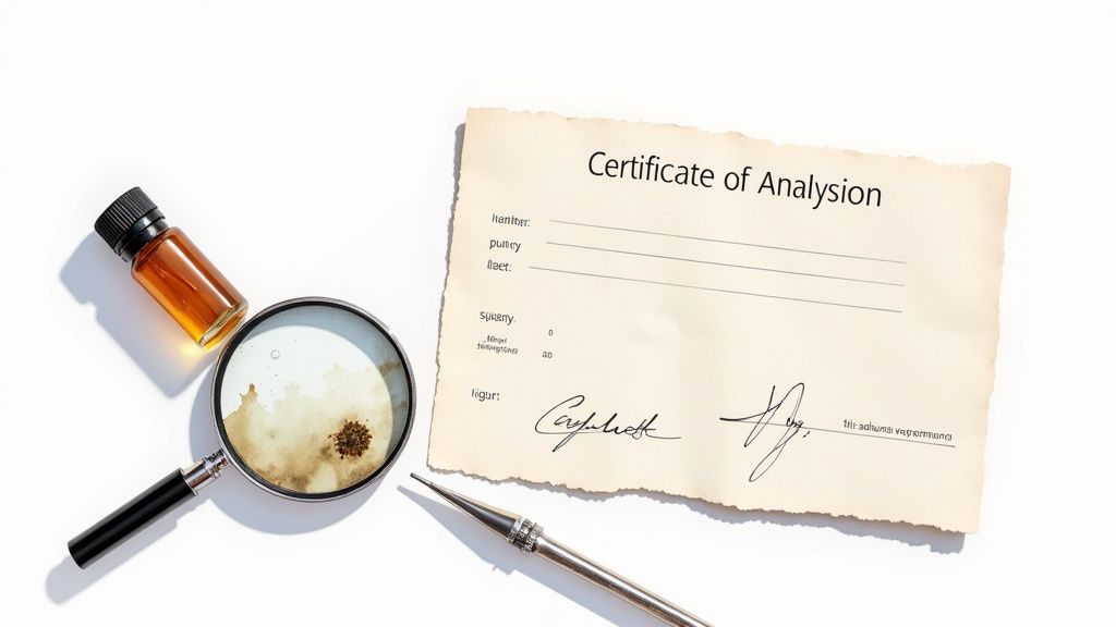 A top-down view of a lab setup with a bottle of extract, magnifying glass, and a certificate of analysis.