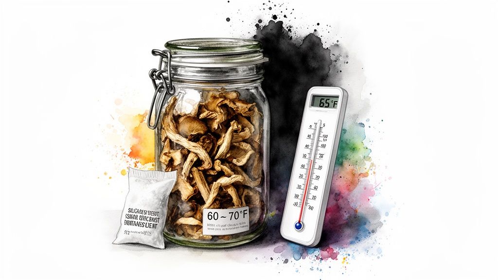 A jar of dried mushrooms with a desiccant packet and a thermometer displaying 65°F, against a vibrant watercolor background.