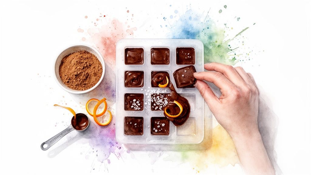 A hand removes a salted chocolate truffle from a mold, surrounded by cocoa powder and orange peels.