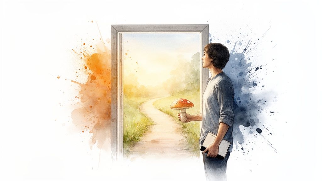 A woman holding a mushroom and notebook looks out a doorway to a path, surrounded by watercolor splashes.