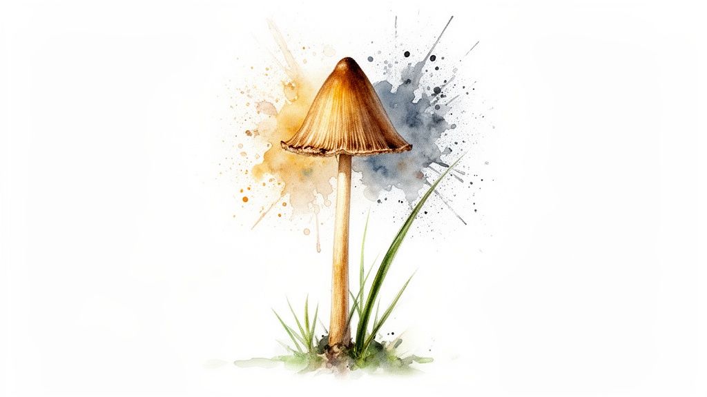 A vibrant watercolor painting of a tall, brown conical mushroom surrounded by colorful splatters and grass.