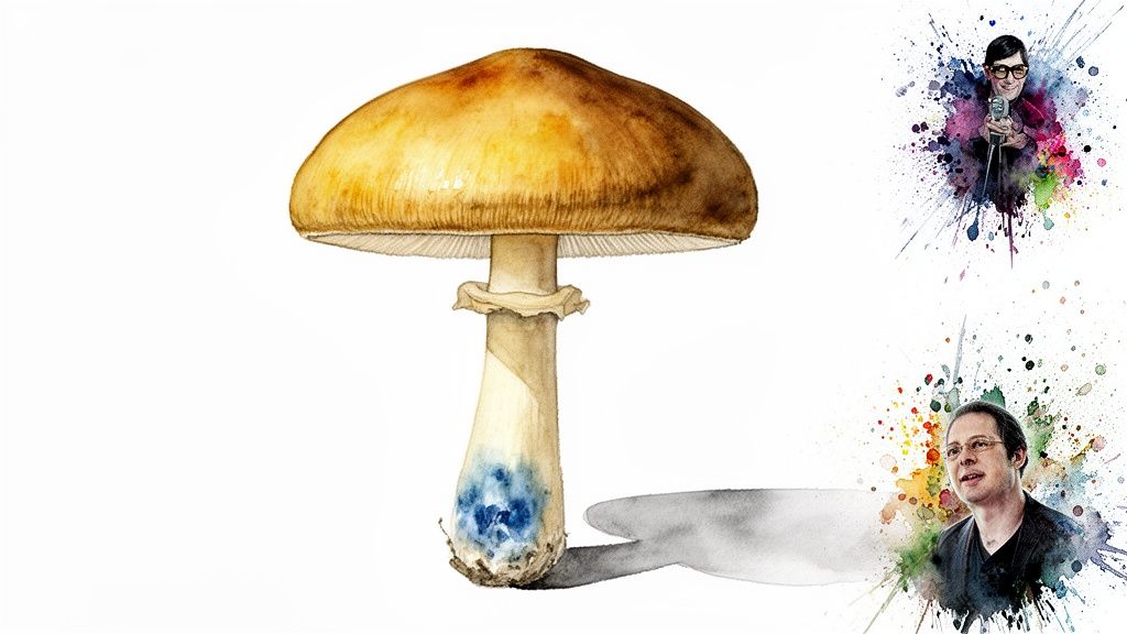 Watercolor illustration of a mushroom with a brown cap and blue stem, alongside two portraits with colorful splatters.