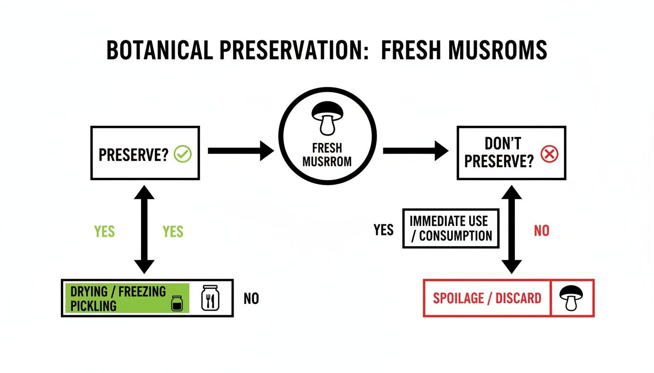 Flowchart illustrating fresh mushroom preservation methods and immediate use options.