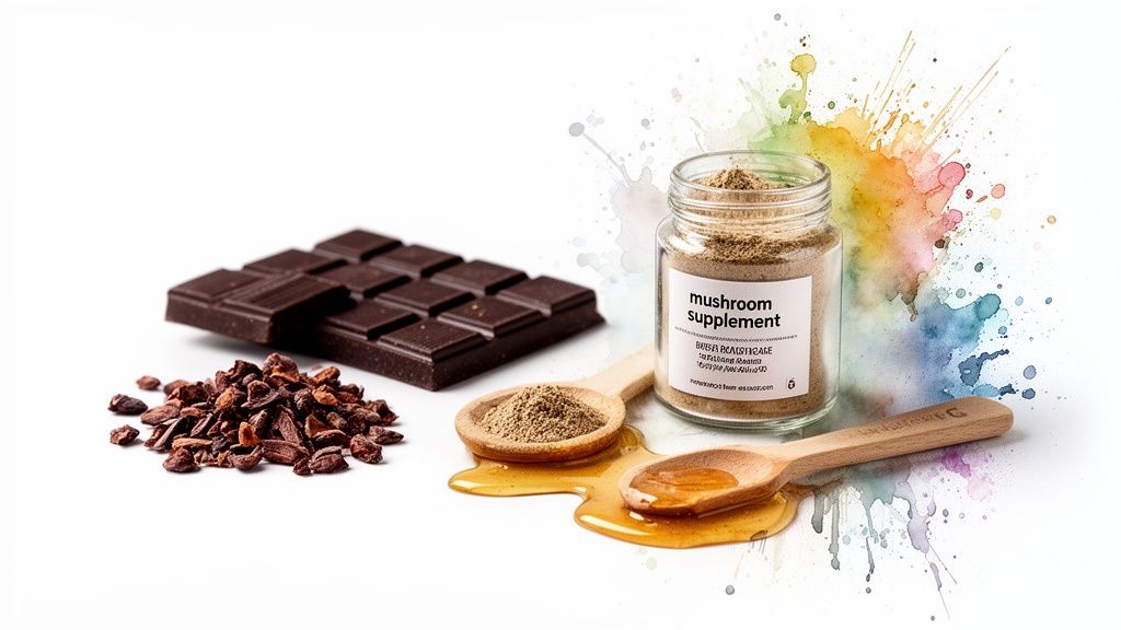 A mushroom supplement jar, dark chocolate bar, cocoa nibs, honey, and wooden spoons on a white background with colorful splatters.