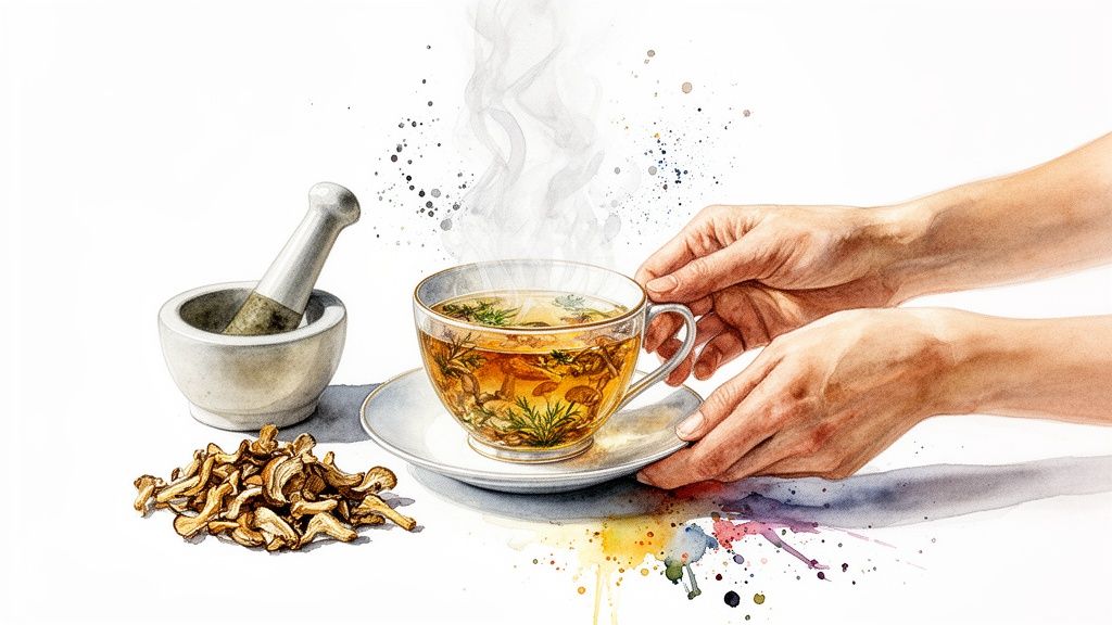Watercolor illustration of hands holding a steaming mushroom and herb tea cup, with dried mushrooms and a mortar.