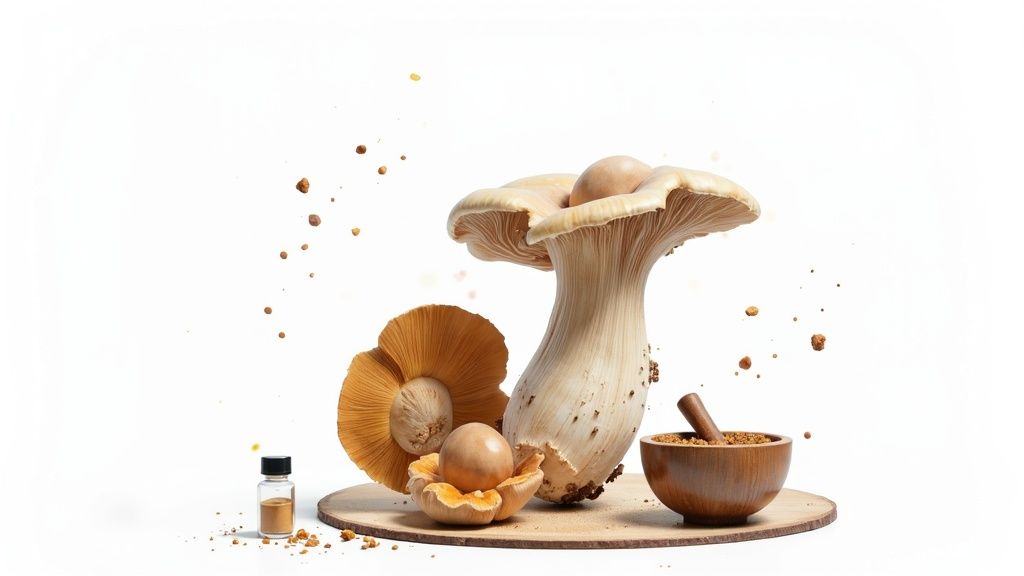 Three distinct mushrooms, powder in a vial, and a mortar and pestle on a wooden board.