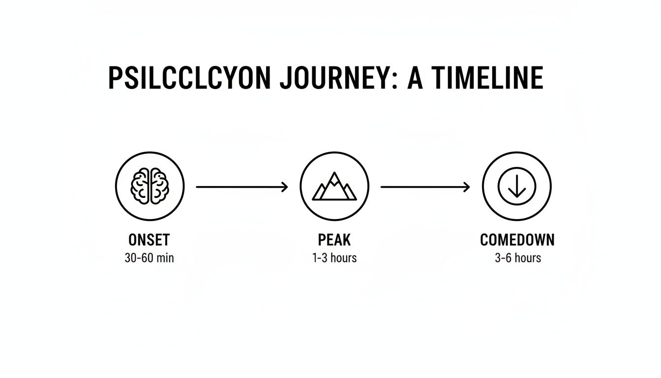 A timeline graphic depicting the stages of a psilocybin journey: onset, peak, and comedown, with duration.