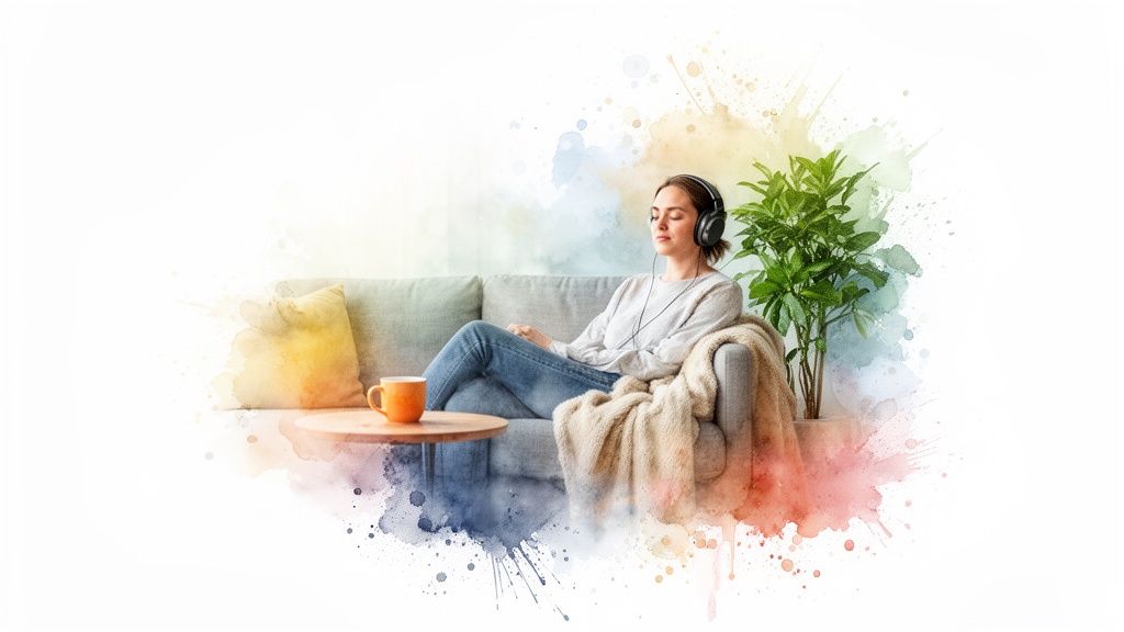A woman relaxes on a couch with headphones, eyes closed, enjoying music amidst colorful watercolor splashes.