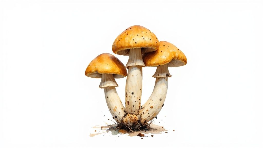 A watercolor illustration of three golden-orange mushrooms with speckled caps and stems, rooted in soil.