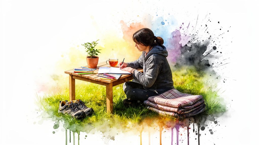 A woman drawing outdoors on grass, surrounded by colored pencils, tea, and watercolor splashes.