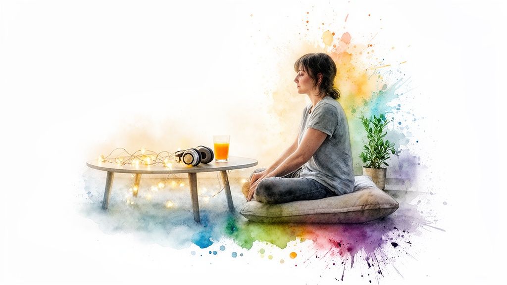 A woman meditates in a cross-legged position, surrounded by colorful watercolor splashes and a plant.