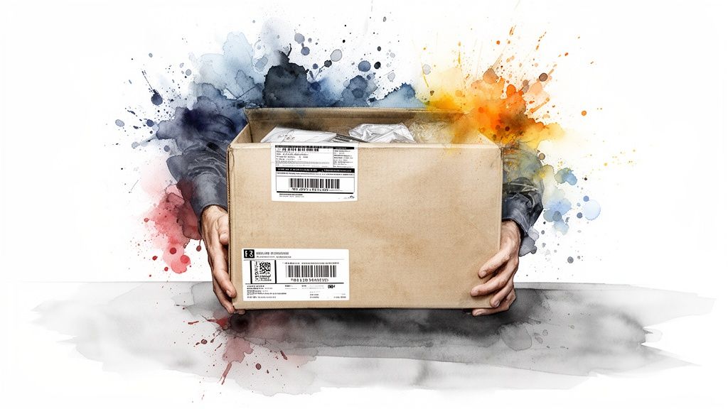 Hands holding a brown cardboard shipping box with labels against a vibrant watercolor splash background.