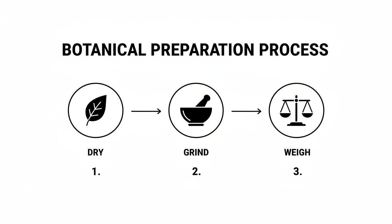 A three-step botanical preparation process illustration, showing dry leaf, grind with mortar, and weigh with scales.