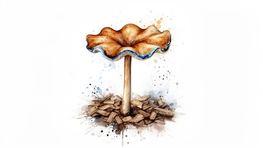 Watercolor illustration of a mushroom with a wavy brown and blue cap on wood chips.