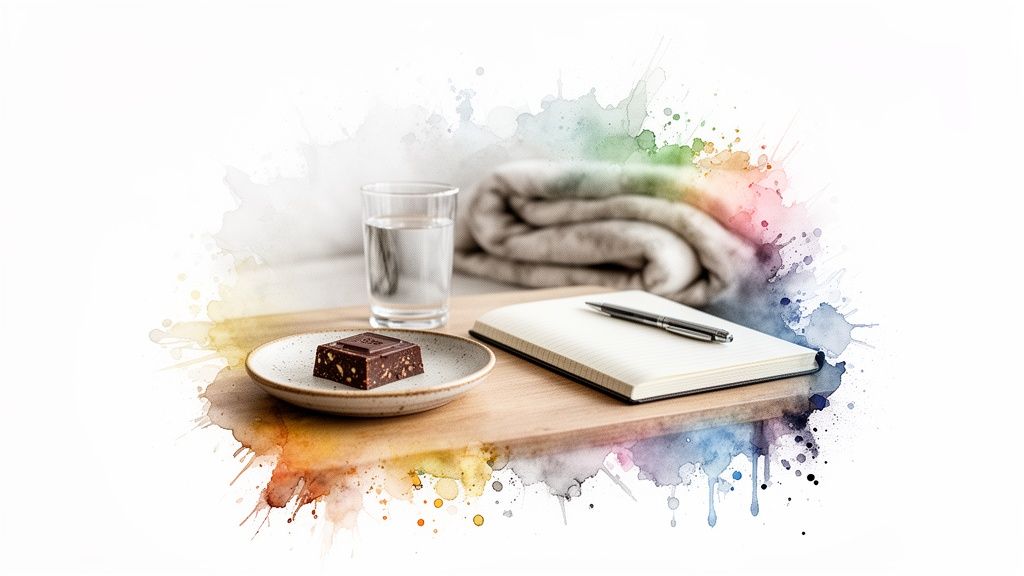 A serene scene with a mushroom chocolate bar, water, notebook, and blanket on wood, framed by watercolor splashes.